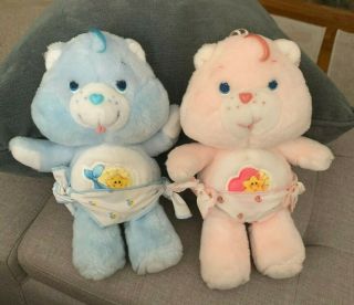 Vintage Care Bears Plush Baby Hugs & Tugs Kenner 1983 11 " Blue Pink