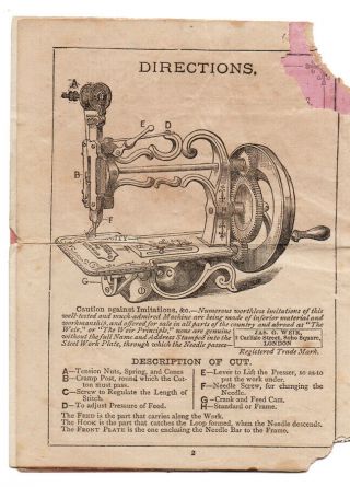 Antique Weir/Raymond 1870s sewing machine instruction booklet 2
