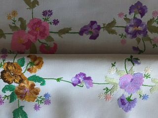 Large Vintage Linen Hand Embroidered Tablecloth Trailing Sweet Peas & Pansies