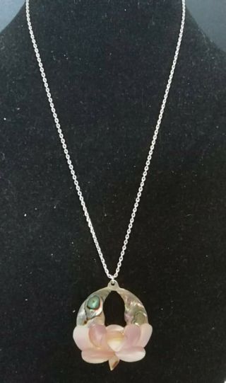 Vintage Mother Of Pearl Pendant Necklace With Silver Chain