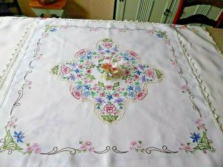 Vintage Hand Embroidered Tablecloth - Stunning Flower Circle
