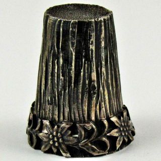Vintage Germany German Tree Stump Figural Applied Floral Band 800 Silver Thimble