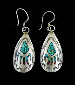 Vintage Navajo Bear Claw Earrings Sterling Silver Turquoise Coral Inlay Wcb
