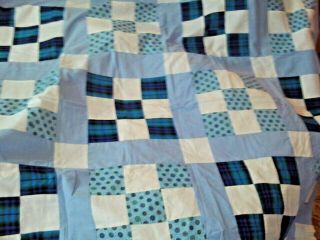 Vintage Hand Stitched 9 Patch Quilt Top 80 " X 64 " Blue Floral Plaid Unfinished