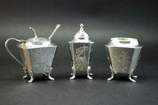 Wai Kee,  Antique Deco Chinese Export Solid Silver Cruet Set,  Salt Pepper Mustard