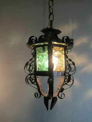Vintage Gothic Scrolled Wrought Iron Colored Stained Glass Lantern Shade