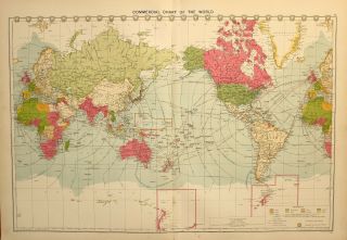 1927 Large Mercantile Marine Map Commerical Chart World Routes Falkland Asia