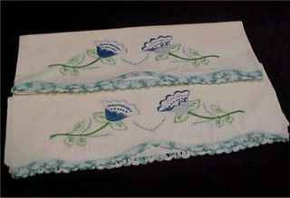 Vintage Pillowcases Hand Embroidered Blue Tulips Crocheted Lace 40s Antique