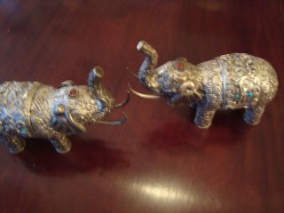 Pair Indian Silver Elephants 6 Inches Long Inlaid With Blue