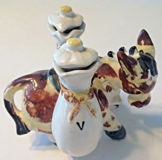 Vinegar Oil Cruet Set Hand On Donkey Holder Porcelain Vintage
