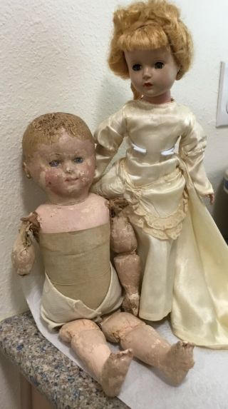 Antique 15” Cloth Martha Chase Baby And Hard Plastic Bride Doll Tlc