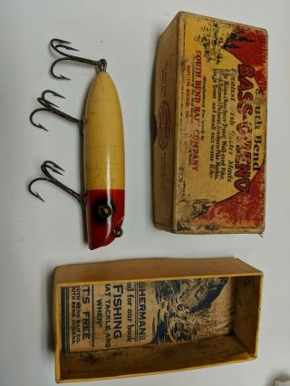 Antique Vintage South Bend Bass Oreno Fishing Lure Wooden Glass Eyes Intro Box ?