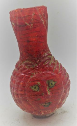 Museum Quality Roman Era Phoenician Red Glass Bottle With Male Face Form