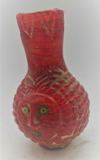 MUSEUM QUALITY ROMAN ERA PHOENICIAN RED GLASS BOTTLE WITH MALE FACE FORM 2