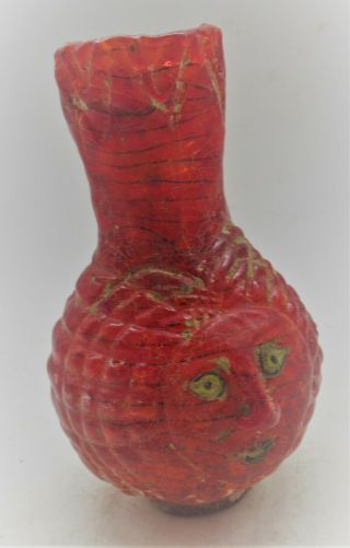 MUSEUM QUALITY ROMAN ERA PHOENICIAN RED GLASS BOTTLE WITH MALE FACE FORM 3