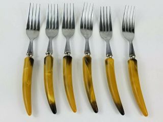 Set Of 6 Vintage Forks With Plastic Handles Tan Caramel Color
