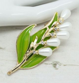Vintage Style Lily Of The Valley Flower Enamel / Pearl Jewellery Brooch Pin