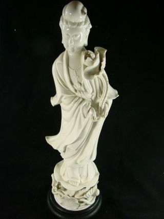 Vintage Chinese Dehua Blanc De Chine Porcelain Guan Yin Figurine 14 " With Stand