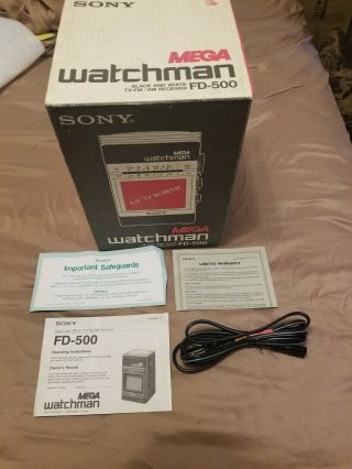 Vintage Sony Mega Watchman Fd - 500 B&w Tv Am/fm Receiver Retro Travel 1990