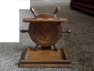 Vintage Wooden Holder 3 Tobacco Pipe Rack Ship Wheel Design
