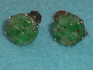 Antique Edwardian Chinese Carved Jade Buttons Sterling Silver Earrings
