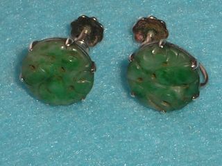 ANTIQUE EDWARDIAN CHINESE CARVED JADE BUTTONS STERLING SILVER EARRINGS 2