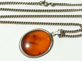 Vintage 1982 Sterling Silver Curb Link Chain Necklace With Amber Pendant H22