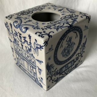 Blue & White Crackle Glaze Pottery Ceramic Kleenex Tissue Box Cover Vintage