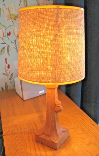 Robert Thompson Mouseman Oak Table Lamp With Cane Weave Shade