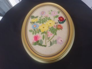 Vintage Gold Oval Frame Embroidery Flowers Picture Retro 1960 