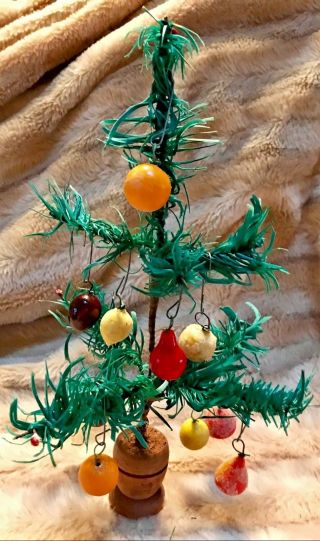 Antique Vtg 10 " Paper Feather Tree W 10 Waxed Frosted Fruit Christmas Ornaments