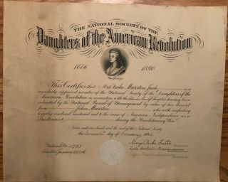 Antique 1896 Daughters Of The American Revolution Certificate