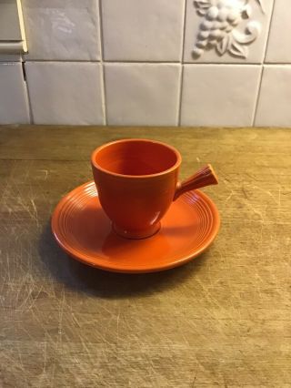 Vintage Fiesta Ware Red Orange Demitasse Stick Handle Cup And Saucer Set