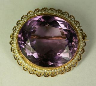Antique Large Oval Amethyst Seed Pearl 14k Yellow Gold Pin Brooch