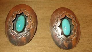 Large Vintage Sterling Silver & Turquoise Shadow Box Clip On Earrings - Signed P