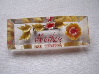 Vintage Deco Reverse Carved Flowers Lucite Mother Name Brooch Pin Rectangular