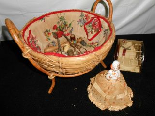 Antique/vintage Sewing Basket Porcelain Doll Pin Cushion Thimbles W/accessories