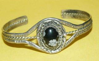 Vintage Native Navajo Fred Harvey Era Sterling Silver W/ Obsidian Cuff Bracelet