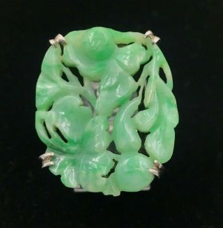 Antique Art Deco Chinese Carved Green Jade Y.  S.  Sterling Silver Ring