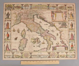 Rare 17thc Antique,  Italy,  Jodocus Hondius Hand Colored Engraved Map,  Nr
