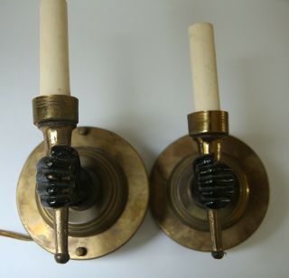 Pair Antique Art Deco Fist Hand Brass Wall Electric Sconce Bronze Light Holding
