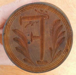 19th C Wooden Butter Stamp Mold Print Hand Carved - Initial F