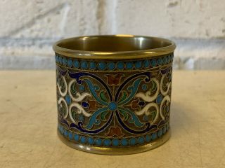 Antique Russian Silver Enamel Napkin Ring w/ Floral Decoration w/ Maker ' s Mark 2