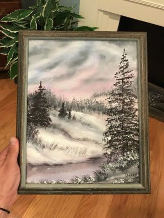 Framed Vintage Winter Scene Oil Painting On Canvas Estate Find