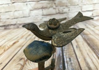 Antique Victorian Brass Song Bird Sewing Clamp Holder Pin Cushion Vintage