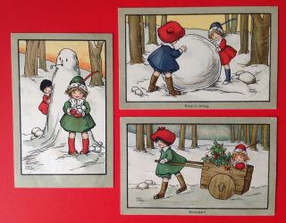 Vintage Christmas Postcards (3) Signed H.  G.  C.  Marsh - Cute Snowman,  Snow Fun