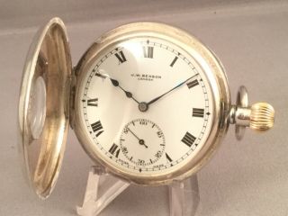 Solid Silver J W Benson Half Hunter Pocket Watch,  London 1937