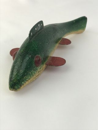 Vtg Wood Ice Spear Fishing Green Red Sucker Fish Decoy Weighted Lure Mike Maxson