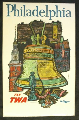 60s Twa Philadelphia Vintage Travel Airlines Poster David Klein 25x40