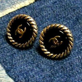 Authentic Vintage Chanel Earrings Button Gold Tone Black Cc Pierced Signed